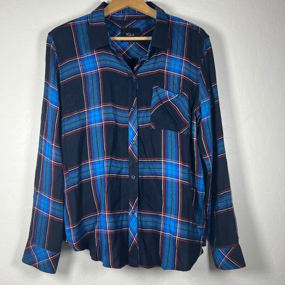 Rails Hunter Plaid Button Down Shirt Blue Navy Red Rayon Large